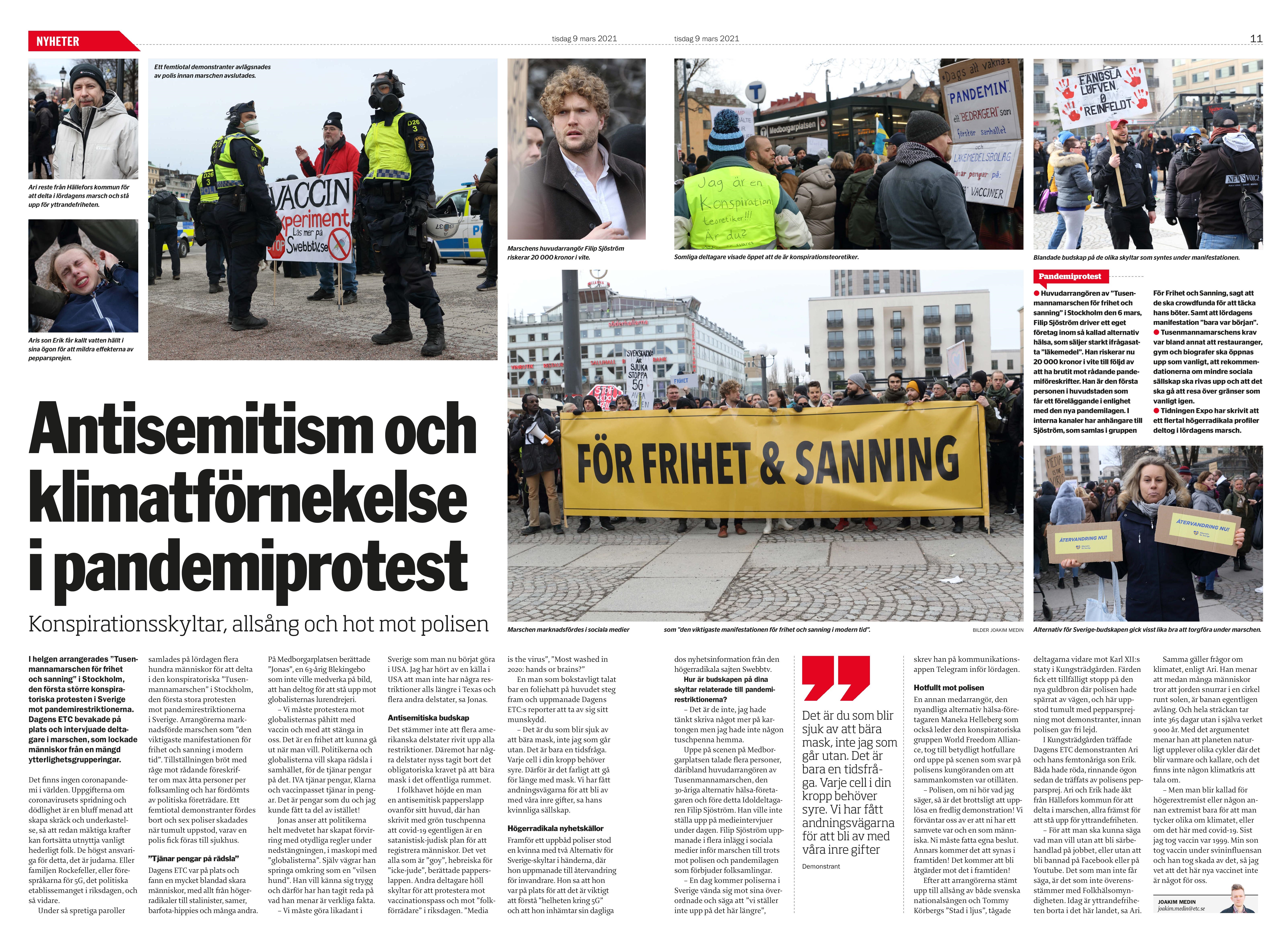 Coronaprotest i Stockholm, Dagens ETC 2021-03-09-page-001